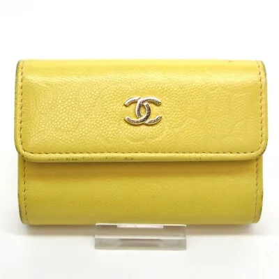 Auth CHANEL Camellia Yellow Caviar Skin Key Case Gold Hardware • £187.14