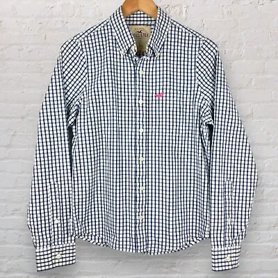 Hollister Mens Check Shirt Blue White SMALL Plaid Cotton Button Up Long Sleeve • £11