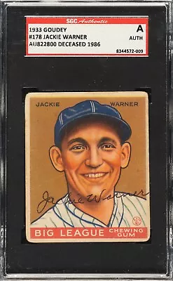 1933 Goudey Baseball #178 - Jackie Warner Phil. Phillies - Rare Signed - SGC • $189