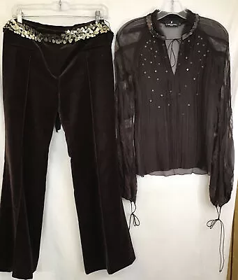 J Mendel Blouse/ Velvet Pant Brown Silk Chiffon Sequin Lace /Belt Size 6 • $350