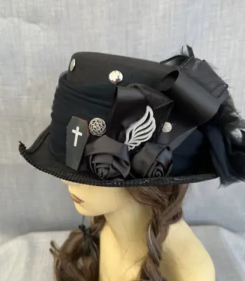 Unique Black Gothic Goth Pointed Front Top Hat Roses Feathers Wing 57cm  (2) • £24.99