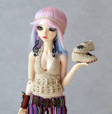 Minifee Doll Top With Shoes And Hair Necklace Hippie Handmade Crochet Beige Sexy • $45