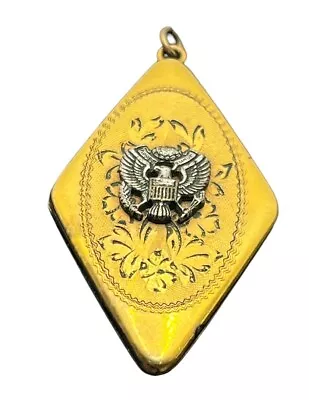 Vintage Large Gold Tone Diamond Shaped Silver Eagle Locket Pendant For Necklace  • $149
