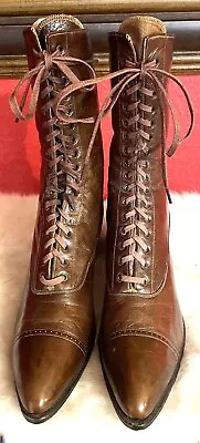 RARE MINT Brown Leather ANTIQUE VICTORIAN 1900'S Lace Up HEEL Cap Toe BOOTS 7?? • $79.99