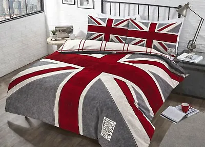 £22.99 • Buy Union Jack Duvet Cover GreyRed Denim Reversible Printed Quilt Cover Bedding Set 