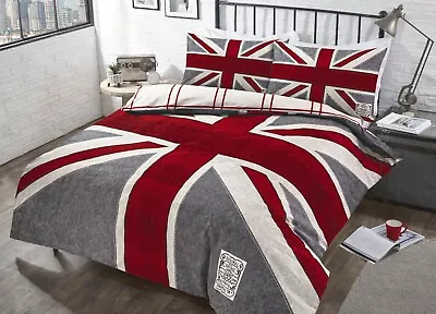 Union Jack Duvet Cover GreyRed Denim Reversible Printed Quilt Cover Bedding Set • £9.59