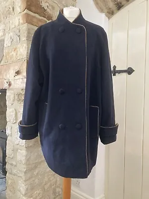 Vintage David Barry Wool & Cashmere Coat Navy Blue & Camel Size 18 M/L • £14.99