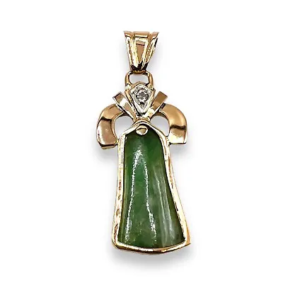 14k Yellow Gold Natural Green Jade Jadeite Diamond Pendant Vintage -LA3054 • $594.36