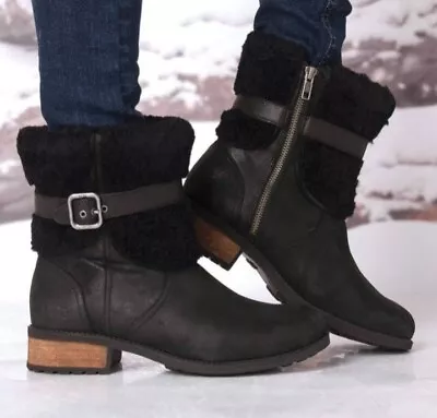 UGG Women's Blayre II Boots Buckle Side Zip Black Leather Shearling EUC Size 9 • $55.24