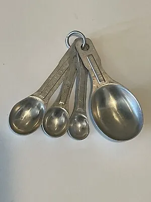 Vintage Set Of 4 Aluminum Measuring Spoons Stamped U.S.ST'D. W/ Ring Nesting ﻿T3 • $15