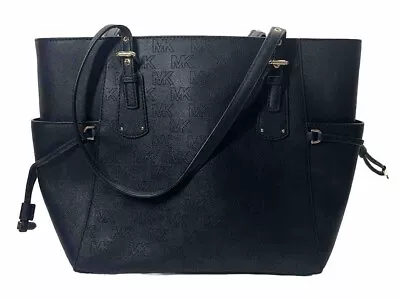 Michael Kors Voyager Black MK EMBOSSED Crossgrain Leather Medium EW Tote&Dustbag • $10