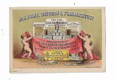 Old Trade Card MK Paine Druggist Green Mountain Balm Windsor Vermont Cherubs • $18.25