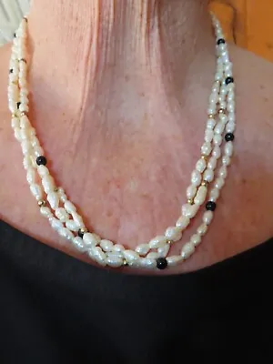 Vintage 1980's Freshwater Pearl & Onyx Multi Strand Necklace • $13.49