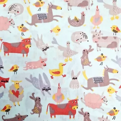 Childrens Fabric - Farm Animals On Sky Blue - Polycotton Craft Fabric Material • £3.99