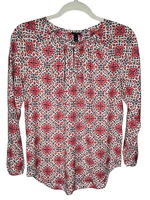 J Crew Women's XS Pink White Blue Print Silk Blend Long Sleeve Popover Top • $22.50