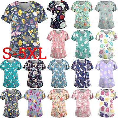 $26.67 • Buy Easter Women Blouse Pullover Top Short Sleeve Nursing Uniform Scrub Pocket Shirt