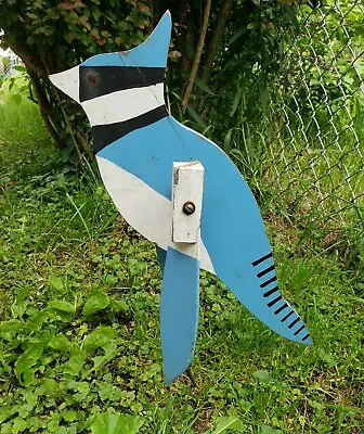 Vintage Folk Art Yard Spinning Whirligig Blue Jay Bird Garden Protector Rustic • $27.95