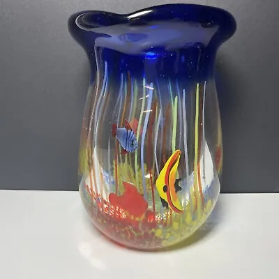 Heavy Thick Art Glass Blown Tropical Fish Aquarium Vase Murano Style 5.75” READ • $23.50