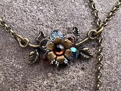 Vintage Michal Negrin Necklace Glass Rhinestone Flower Signed Jewelry Fall Tones • $35