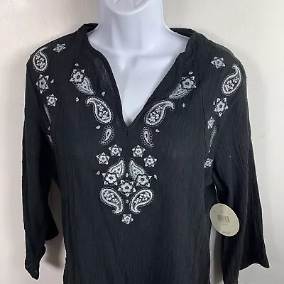 $21 • Buy Valerie Stevens Casual Womens Top Sz M Black White Floral Embroidered Tunic New 