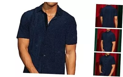  Men's Button Front Short Sleeve Collar Glitter Shirt Metallic Large Pure Blue • $41