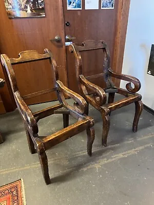 Antique Pair Of Authentic Spanish Colonial Hand Carved Wood Arm Chairs • $1200