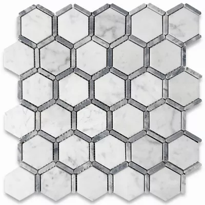 C327XP 2  Hexagon Carrara White Marble W/ Bardiglio Gray Strip Tile Polished • $15.99
