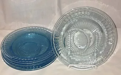 6 Anchor Hocking MAYFAIR/OPEN ROSE BLUE *6 1/2  ROUND PLATES W/OFF CENTER RING* • $96