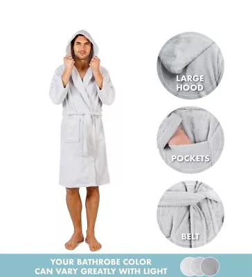 Mens 100% Cotton Grey Bathrobe OEKO-TEX® Certified With Hood 2 Pockets Belt • £16