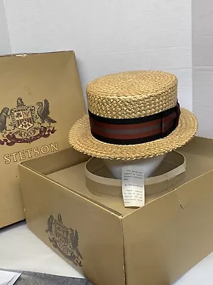 1920’s Stetson Select Straw Boater Stiff Hat Flat Brim With Inspection Tag & Box • $95