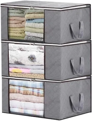 3x Grey Zipped Storage Bags Boxes Large Foldable Storage Crates 60× 43x 35cm • £9.99