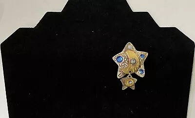 Newpro Gold And Silver Tone Stars & Moon Blue Stones Pin Brooch • $15
