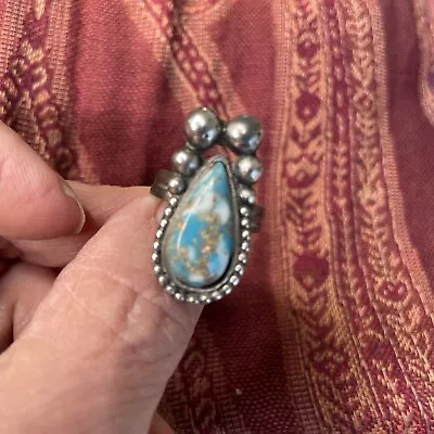 Vintage Ladies Native American Silver Faux Turquoise Ring - Size 8 Adj. • $19.99