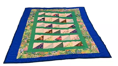 Half Square Quilt Throw Crib Wall Hanging 39 1/2  X 49 1/2  Blue Green Peach • $49.99