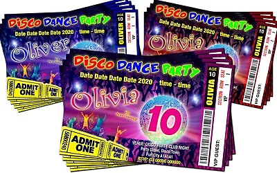 DISCO DANCE Ticket Style Bespoke Birthday Party Invitations X4 Red Pink Or Blue  • £2.85