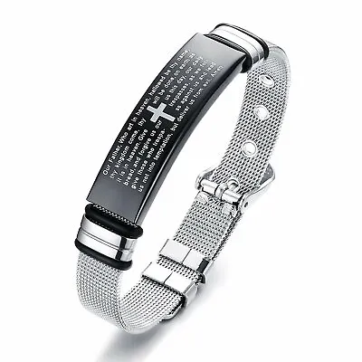 Mens Women Stainless Steel Cross Bible Mesh Band Bracelet Bangle Cuff Adjustable • $10.99