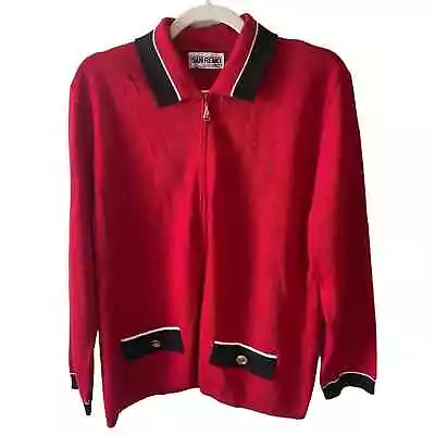 Vintage Funky Red Black Collared Zip Up Long Sleeve Holiday Sweater L • $22