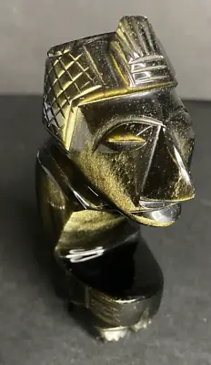 Gold Sheen Black Obsidian Stone Hand Carved Mayan Aztec Incan Figure Statue 4 In • $21.99