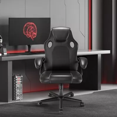 Black Leather Gaming Chair Office Chair Swivel Chair Computer Chair Work Chair • £53.99