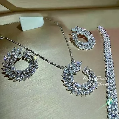 18k Platinum Plated Necklace Earrings Bracelet Made W Swarovski Crystal Marquise • $59.50