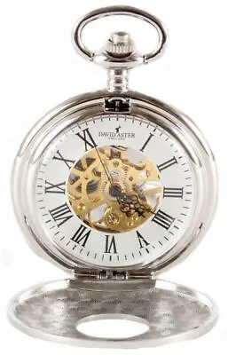 David Aster Mens Half Hunter Patterned Mechanical Pocket Watch - Silver/Gold • £57.50