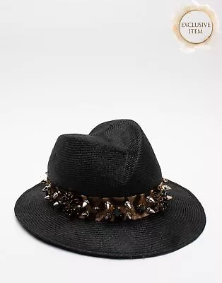 RRP€913 DOLCE & GABBANA Trilby Hat Size 58 L Straw Blend Rhinestones Studded • $42.27