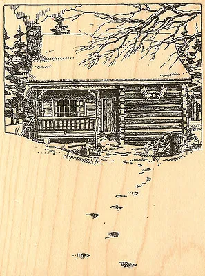 Winter Snow Mountain Cabin Wood Mounted Rubber Stamp Impression Obsession H1830 • $21.16