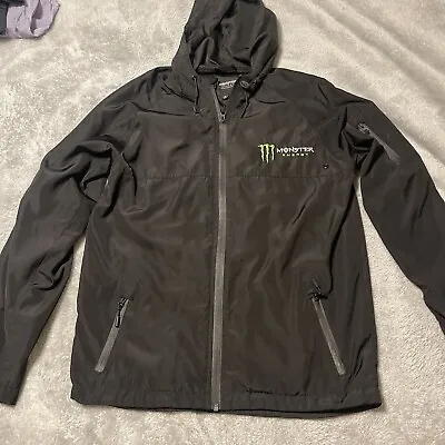 Monster Energy Rain Jacket Mens Med Black Full Zip Hooded  Logo Athlete • $74