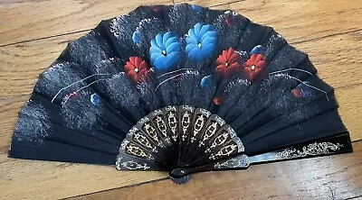 Vintage Black Hand Painted Red & Blue Flowers Folding Hand Fan Spain 8  • $23.50