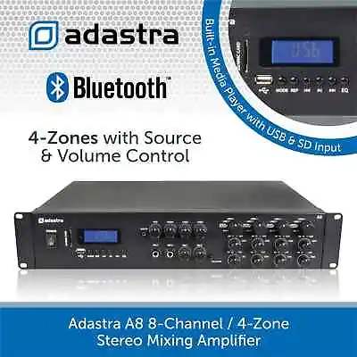 Adastra A8 8-Channel Bluetooth Stereo Amplifier 8x200W 4/8 Ohms FM USB MP3 AUX • £319