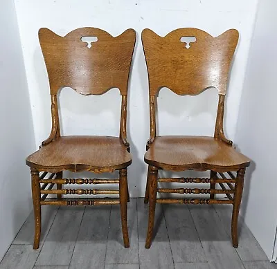 Antique Pair Of Rustic Farmhouse Tiger Oak Bentwood Chairs Country Press Back • $405