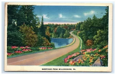 Postcard Greetings From Millersburg Pennsylvania Posted Road Trees Flowers Lake • $4.95