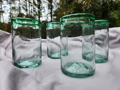 Mexican Set Of 4 Green Rimmed Hand-Blown 16 Oz Tumbler Glassware 5  High EUC • $39.50