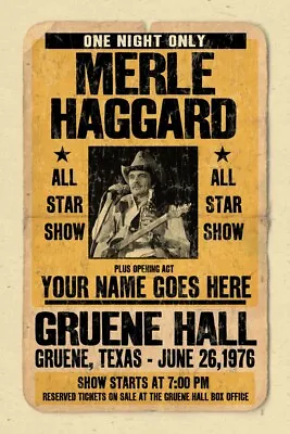 Your Name On A Personalized COUNTRY MUSIC Concert Poster With MERLE HAGGARD • $20